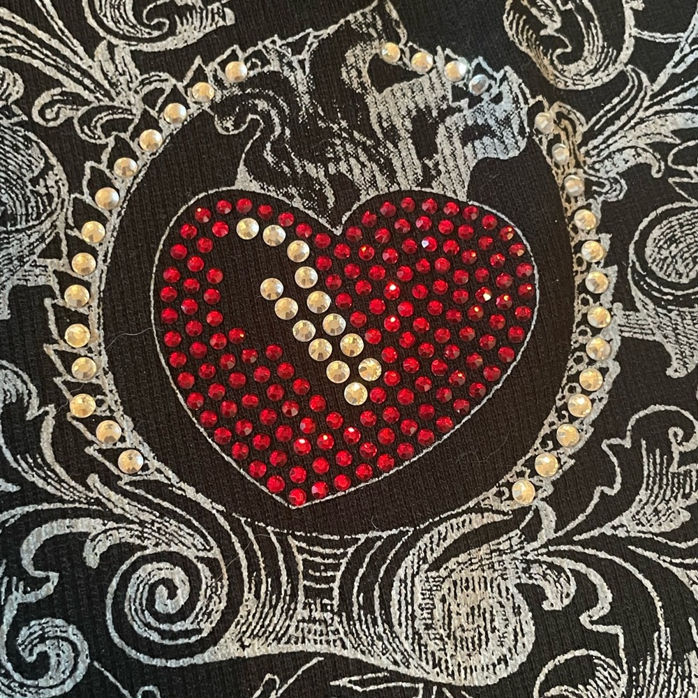 One size cropped tank top. Black and grey with red heart accent.